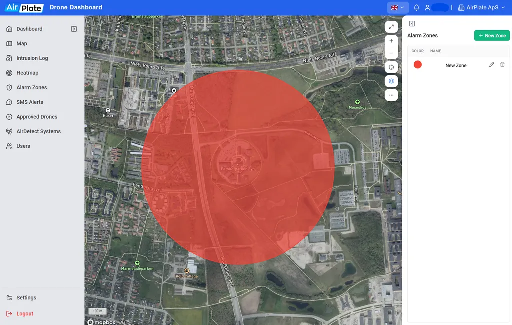 Alarm zones drawn on the map